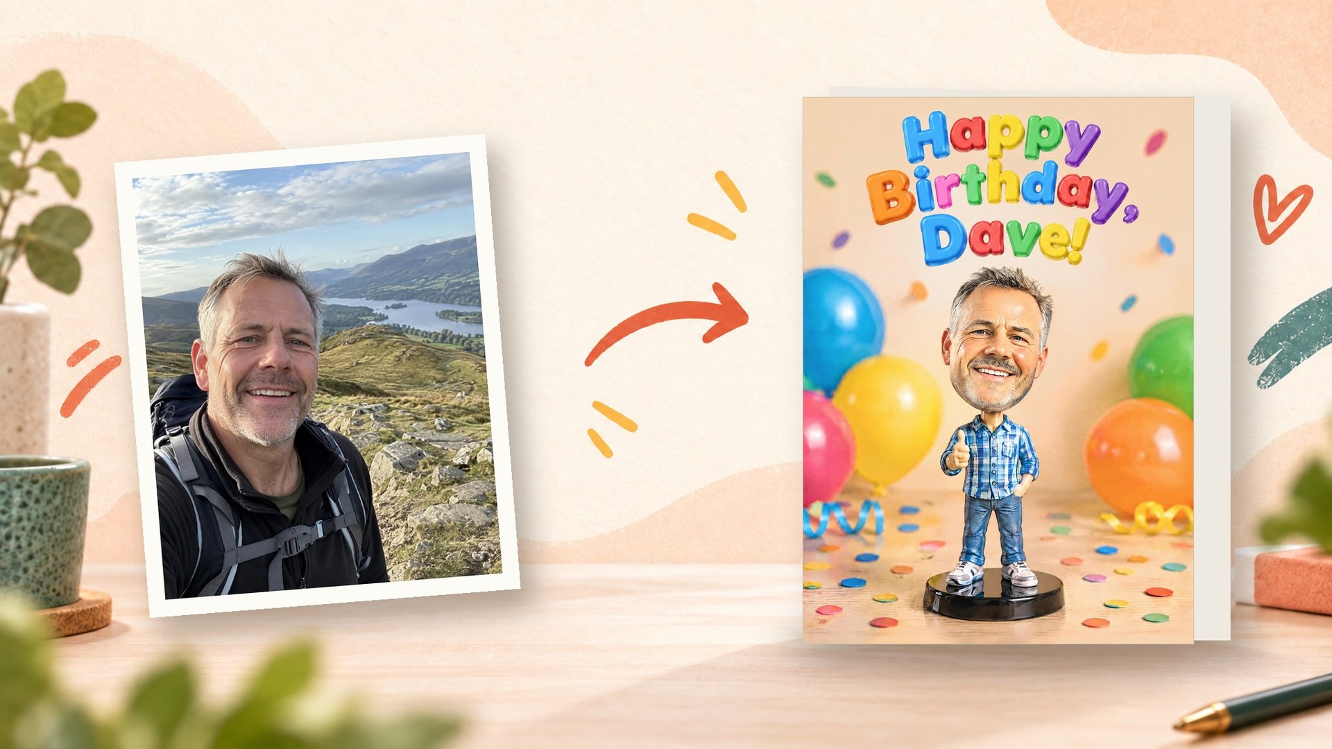A hiking selfie turned into a personalised bobblehead birthday card